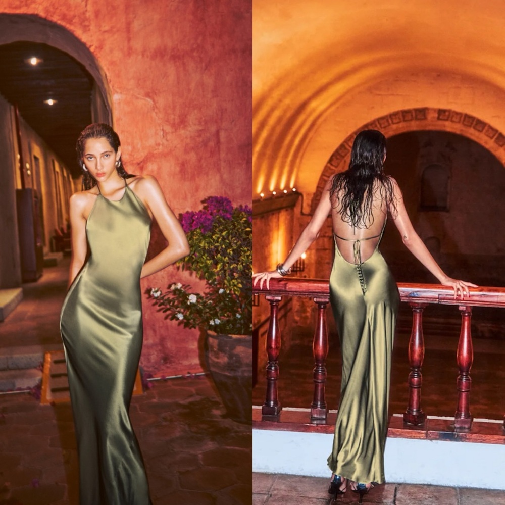 Reformation Olive Green Satin Maxi Dress